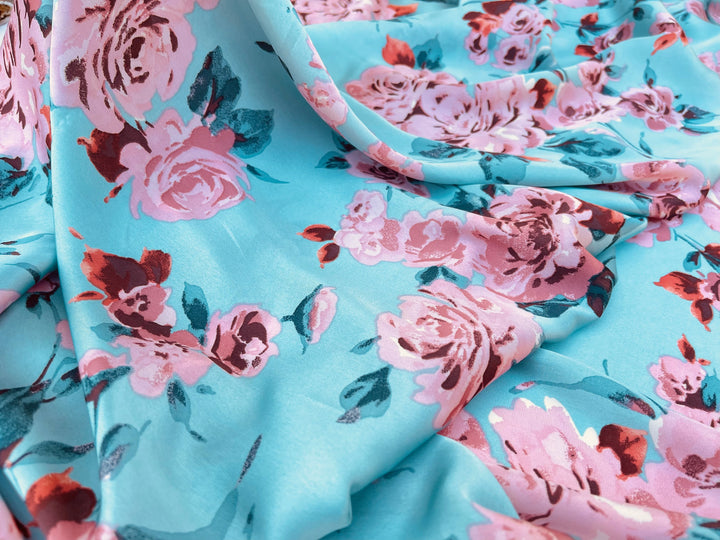 Lightweight  satin  fabric by the yard - Aqua and coral  floral  print