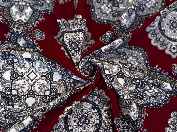 Woolpeach fabric by the yard - Burgundy and off white paisley damask border print