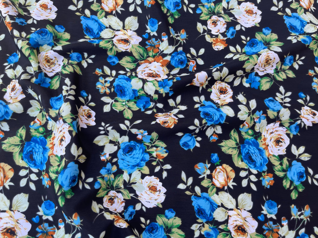 Peachskin  fabric by the yard - Yellow  blue roses on black  print