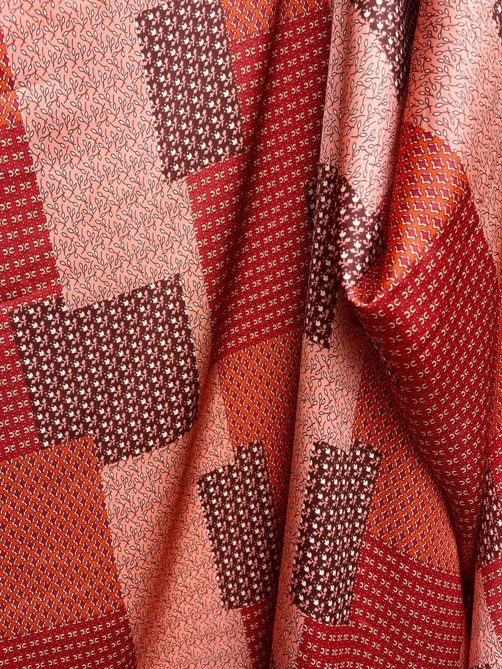 Lightweight  satin  fabric by the yard - Brown rusty orang patchwork  print