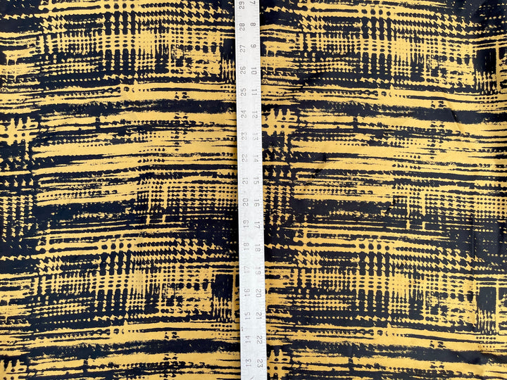 Lightweight  satin  fabric by the yard - Bronze Mustard and black abstract  print