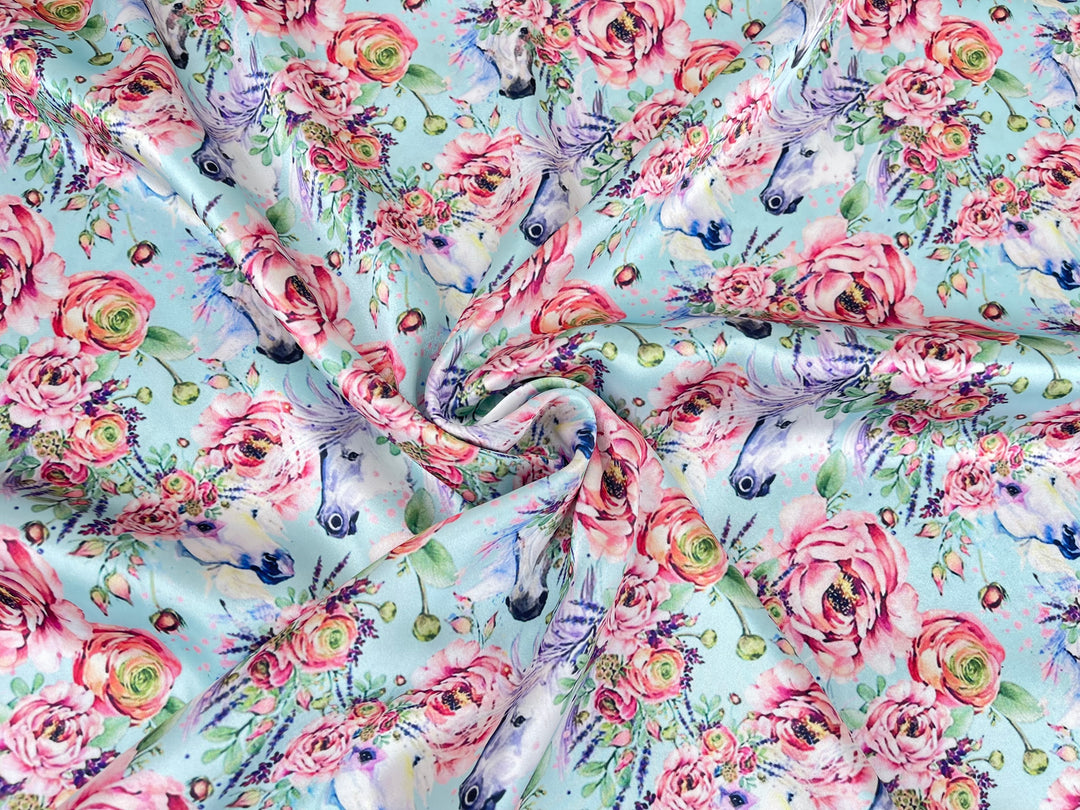 Charmeuse Satin sublimation  fabric by the yard -   Floral horses print