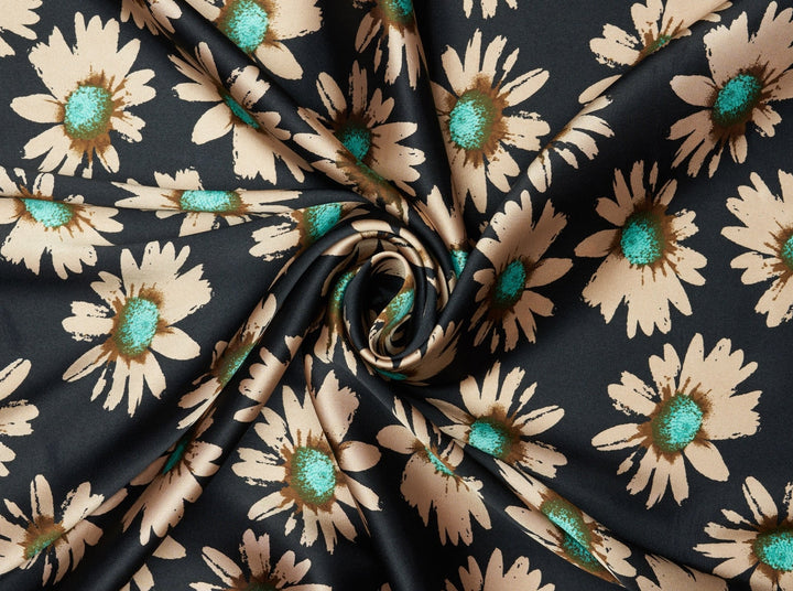 Charmeuse satin fabric by the yard -  Daisy floral print on Black