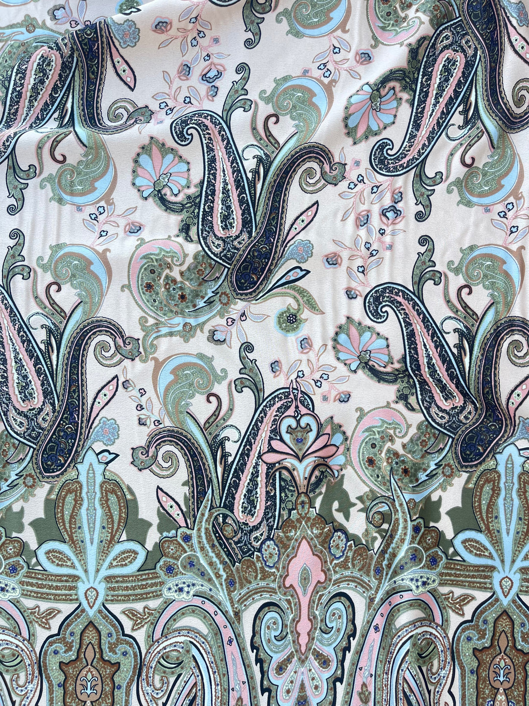 Lightweight  satin  dobby fabric by the yard - Peach blue and green paisley tribal border print