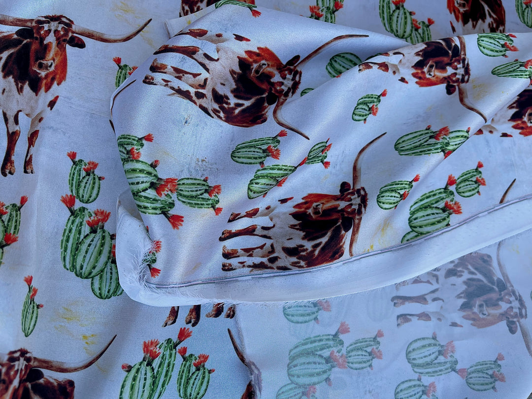 Charmeuse Satin sublimation  fabric by the yard -  Longhorn cactus - Boho western    print