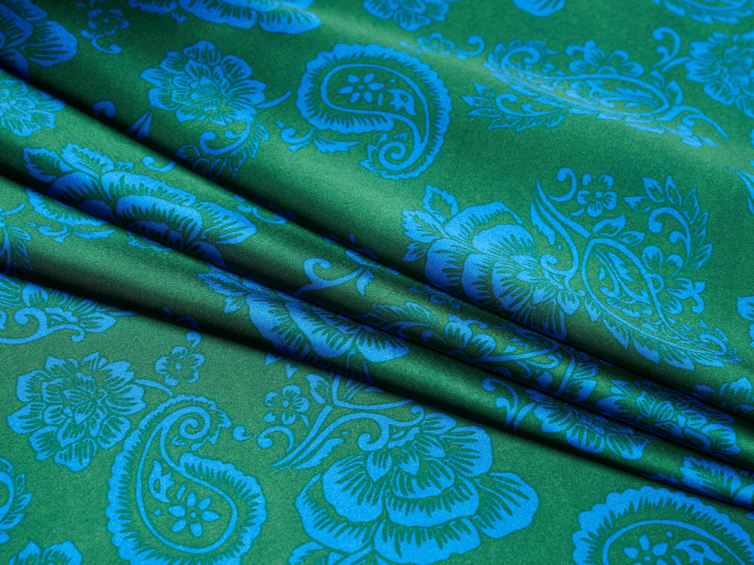 Green and blue paisley  - charmeuse satin fabric by the yard - MonSar exclusive