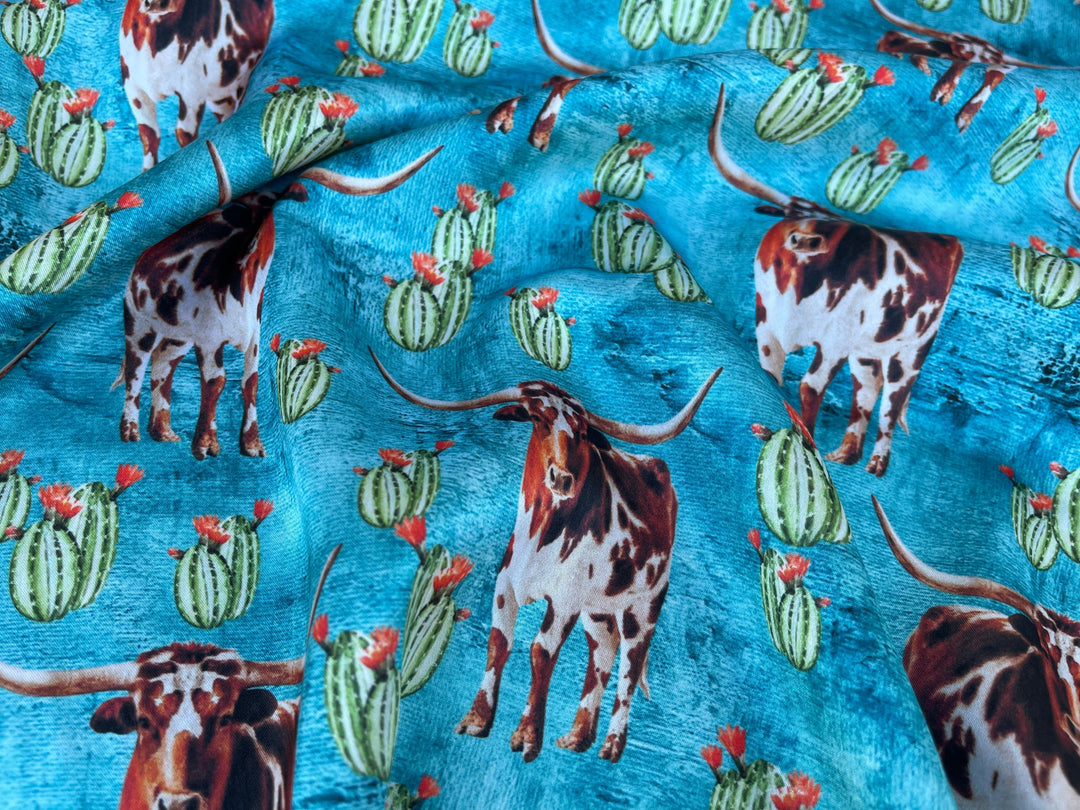 Charmeuse Satin sublimation  fabric by the yard -  Longhorn cactus - Boho western    print