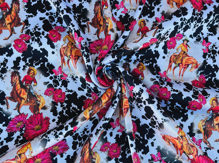 Charmeuse Satin sublimation  fabric by the yard -  Vintage Cowgirls  western    print