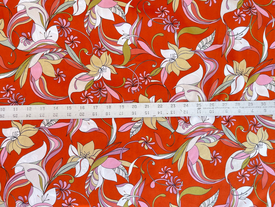 Lightweight  satin stretch fabric by the yard -  Orange  sage  ivory  floral