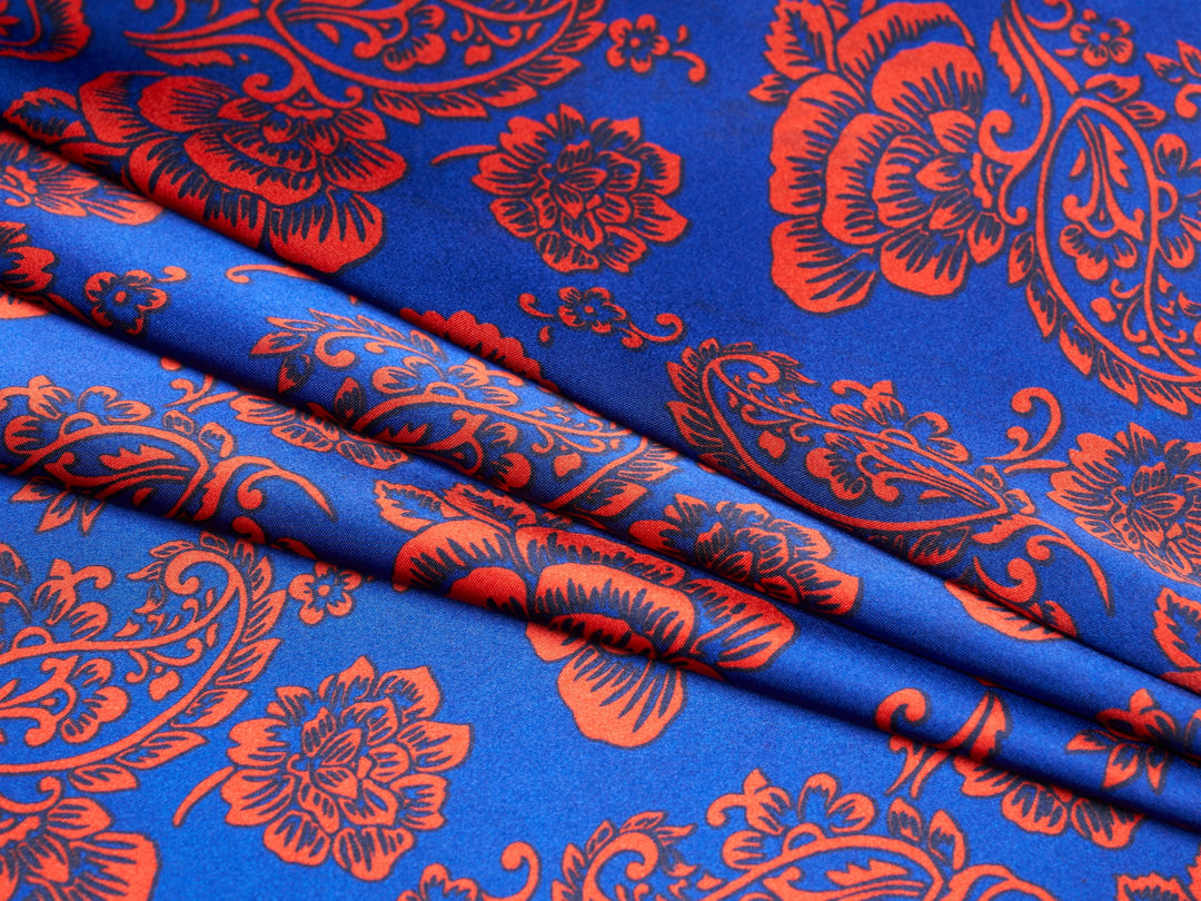 Red and blue paisley  - charmeuse satin fabric by the yard - MonSar exclusive