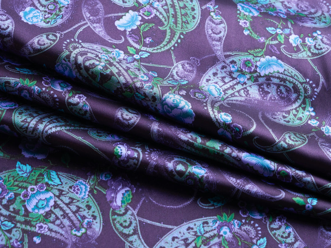 Purple and teal washed paisley  - charmeuse satin fabric by the yard - MonSar exclusive