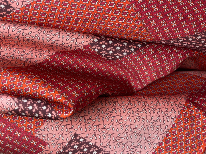 Lightweight  satin  fabric by the yard - Brown rusty orang patchwork  print