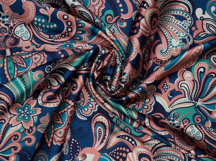 Charmeuse silky satin fabric by the yard - Blue and coral paisley print