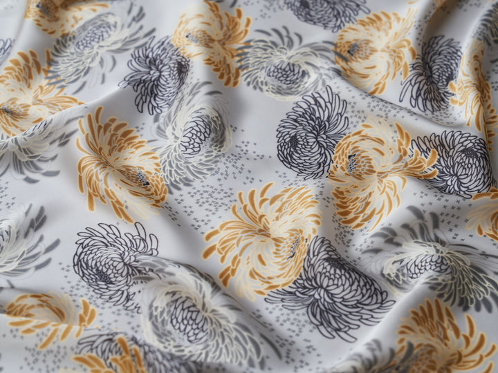 Lightweight  satin  fabric by the yard - Gray yellow floral print