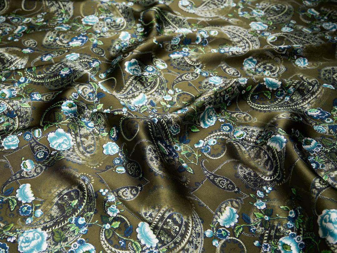 Olive and teal  washed paisley  - charmeuse satin fabric by the yard - MonSar exclusive