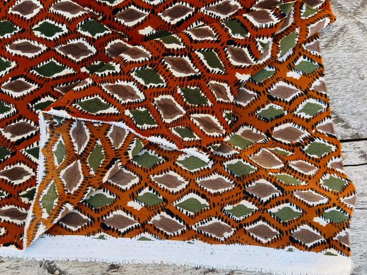 Crepe de Chine fabric by the yard - Rusty orange green brown diamond print