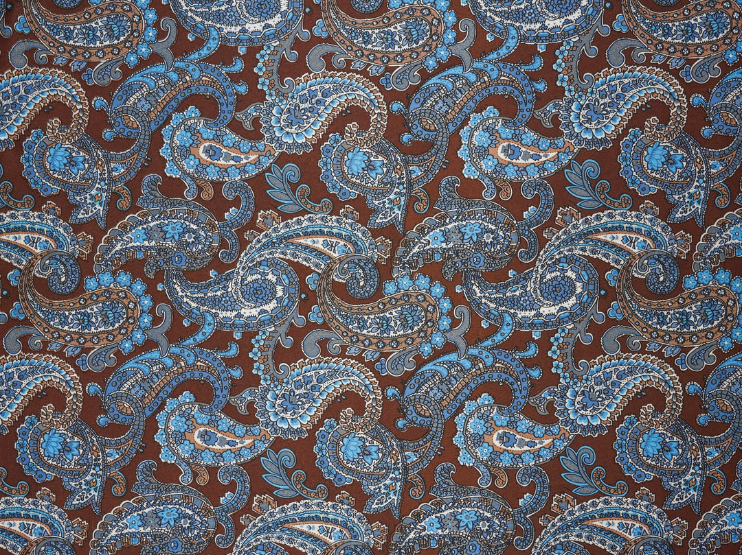 Paisley charmeuse satin fabric by the yard - Brown blue and ivory tones