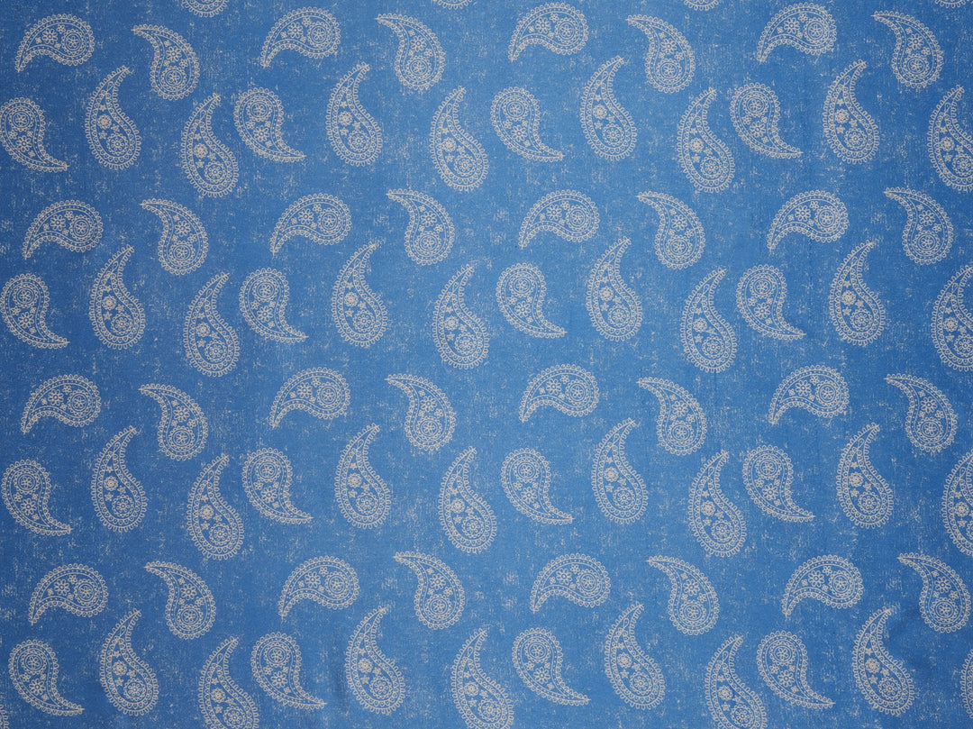 Charmeuse satin fabric by the yard - Blue and off white paisley print