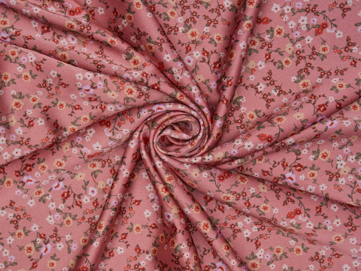 Lightweight  satin  dobby fabric by the yard - Dusty pink with red and yellow   dainty floral pattern