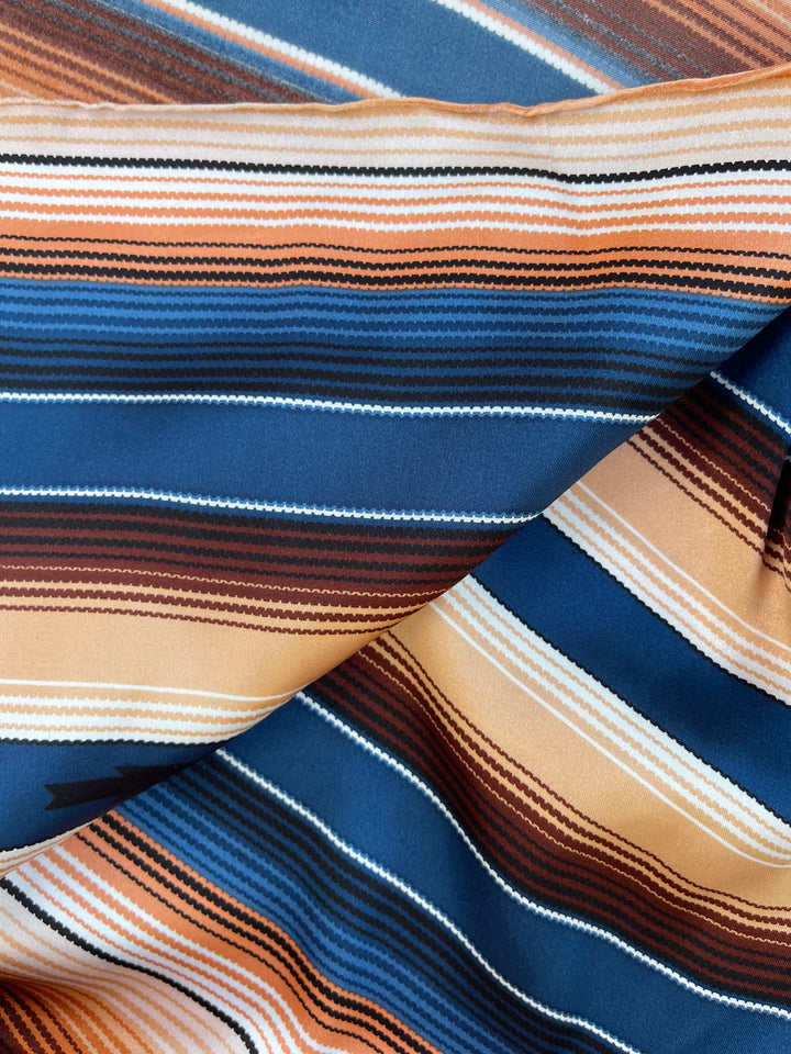 Serape boho charmeuse satin fabric by the yard - Brown blue orange