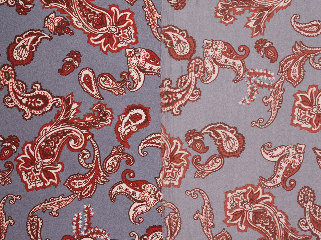 Charmeuse satin fabric by the yard - Gray and burgundy  distressed paisley   print