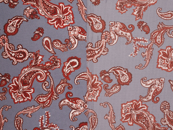 Charmeuse satin fabric by the yard - Gray and burgundy  distressed paisley   print