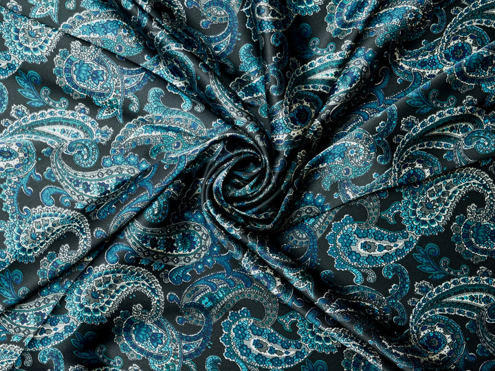 Paisley charmeuse satin fabric by the yard - Black teal Turquoise and gray  tones