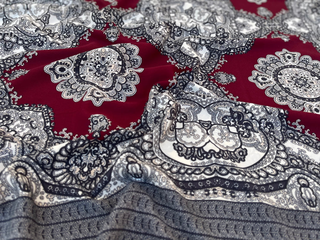 Woolpeach fabric by the yard - Navy and off white paisley damask border print