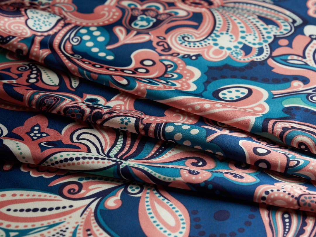 Charmeuse silky satin fabric by the yard - Blue and coral paisley print