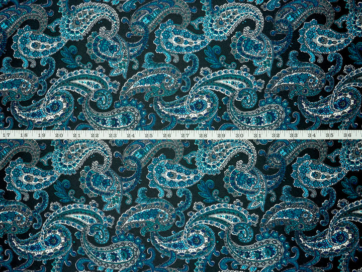 Paisley charmeuse satin fabric by the yard - Black teal Turquoise and gray  tones