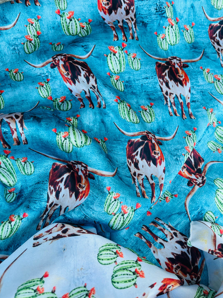 Charmeuse Satin sublimation  fabric by the yard -  Longhorn cactus - Boho western    print