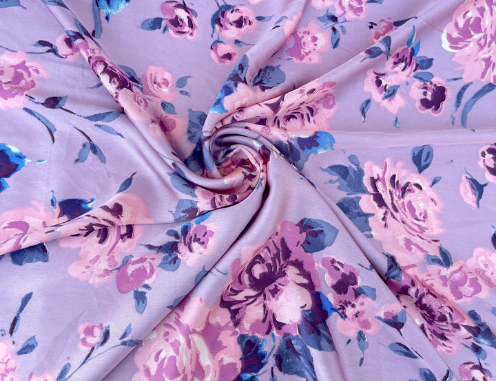 Lightweight  satin  fabric by the yard - Dusty purple and pink floral  print