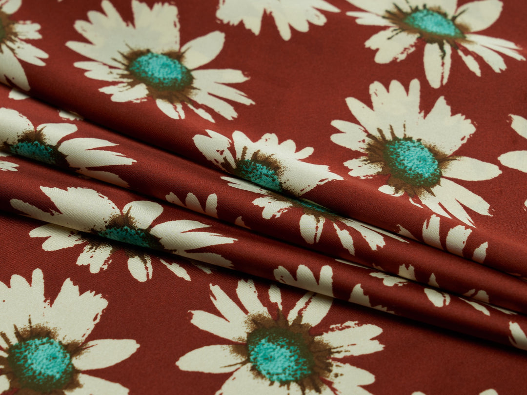 Charmeuse satin fabric by the yard -  Burgundy Daisy floral print