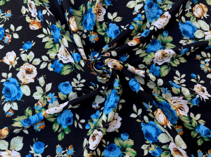 Peachskin  fabric by the yard - Yellow  blue roses on black  print