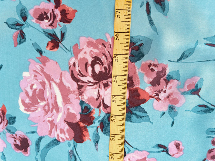 Lightweight  satin  fabric by the yard - Aqua and coral  floral  print