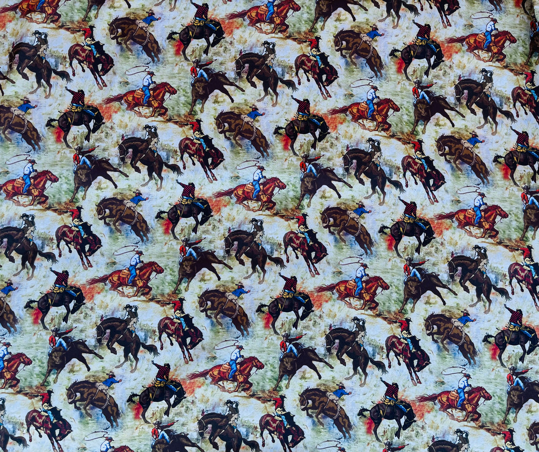 Charmeuse Satin sublimation  fabric by the yard -  Buckin’ Horses - Cowboys western    print