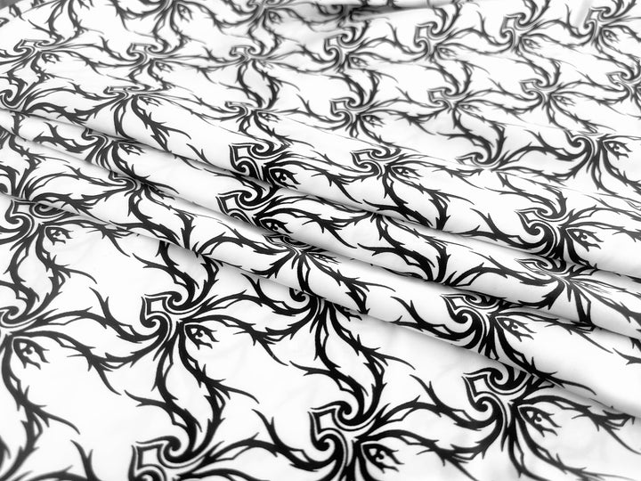 Faux silk charmeuse satin fabric by the yard - black and white lattice lace print