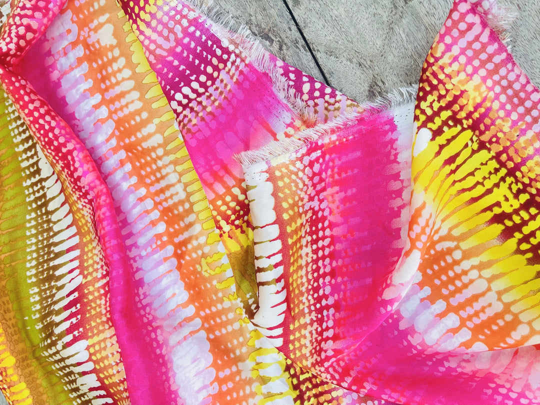 Lightweight  satin  fabric by the yard - Pink yellow striped print