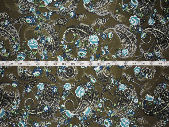 Olive and teal  washed paisley  - charmeuse satin fabric by the yard - MonSar exclusive