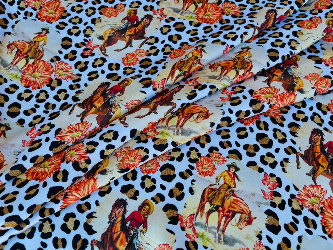 Charmeuse Satin sublimation  fabric by the yard -  Vintage Cowgirls -  western  animal  print