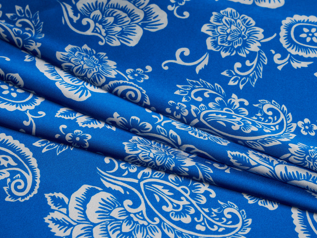 Paisley charmeuse satin fabric by the yard -  Royal blue floral paisley