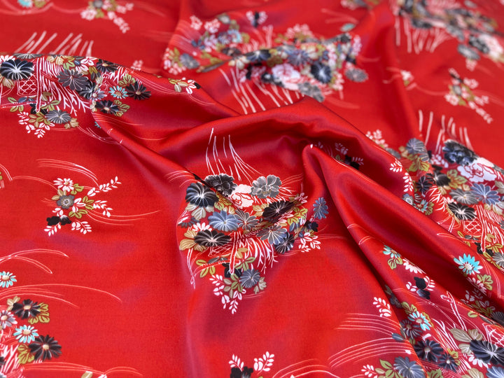 Charmeuse satin fabric by the yard  -  Red blue florwer bundles print