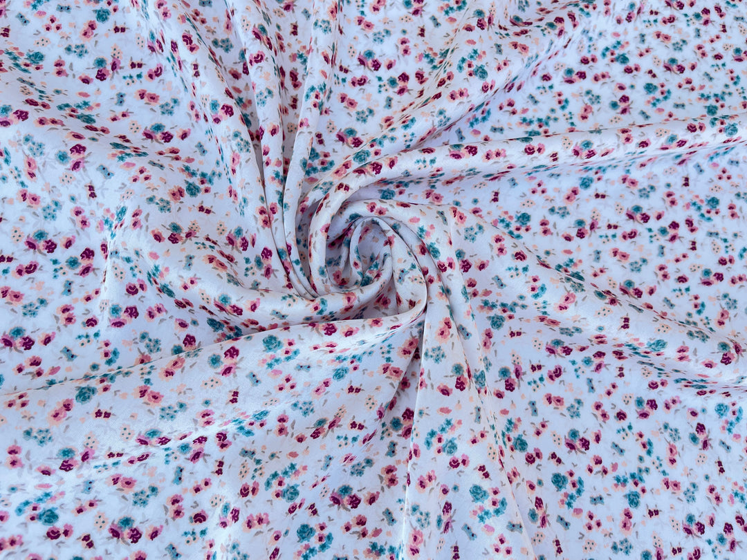 Lightweight  satin  fabric by the yard - Pink teal on white dainty  floral  print