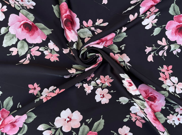 Lightweight satin fabric by the yard - Pink Roses on Black background