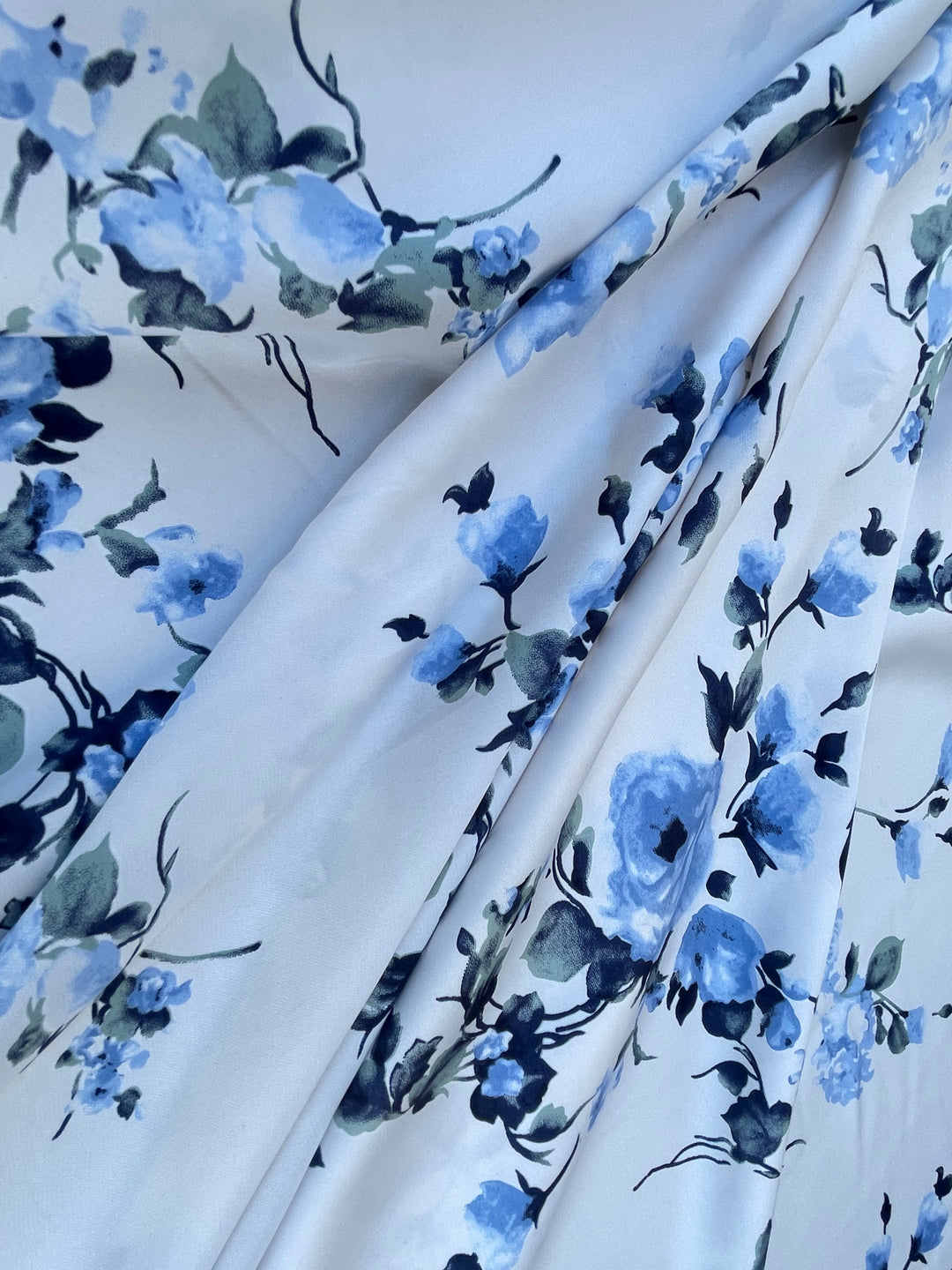 Lightweight  satin  fabric by the yard - off white blue floral  print