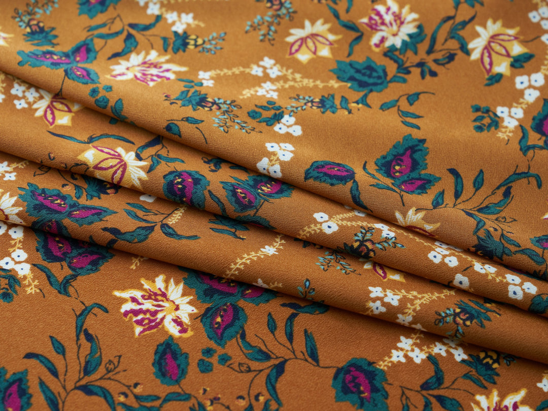 Peachskin  fabric by the yard -  Ochre burgundy  vintage floral print