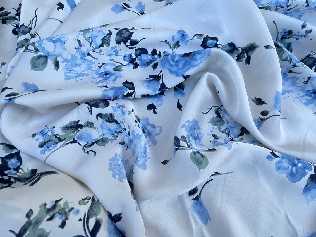 Lightweight  satin  fabric by the yard - off white blue floral  print