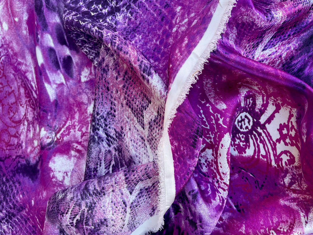 Charmeuse satin fabric by the yard  -  Purple pink snake paisley animal print