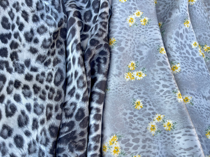 Lightweight  satin  fabric by the yard - Gray and white animal  print