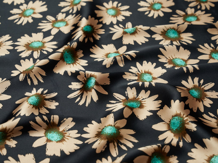 Charmeuse satin fabric by the yard -  Daisy floral print on Black